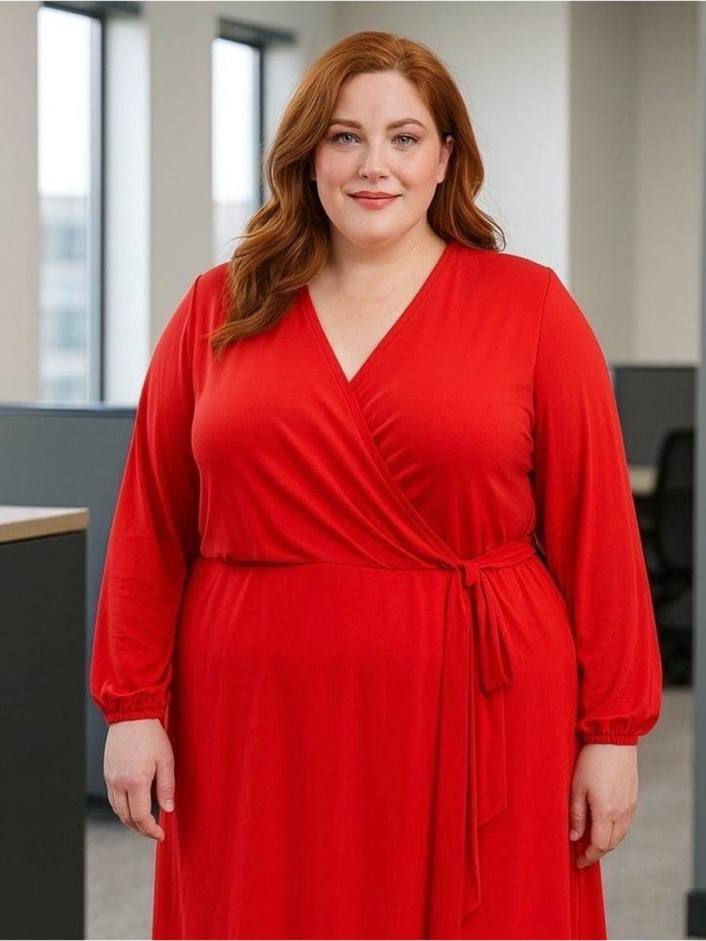 London Times Red Wrap-Front Long Sleeve Dress